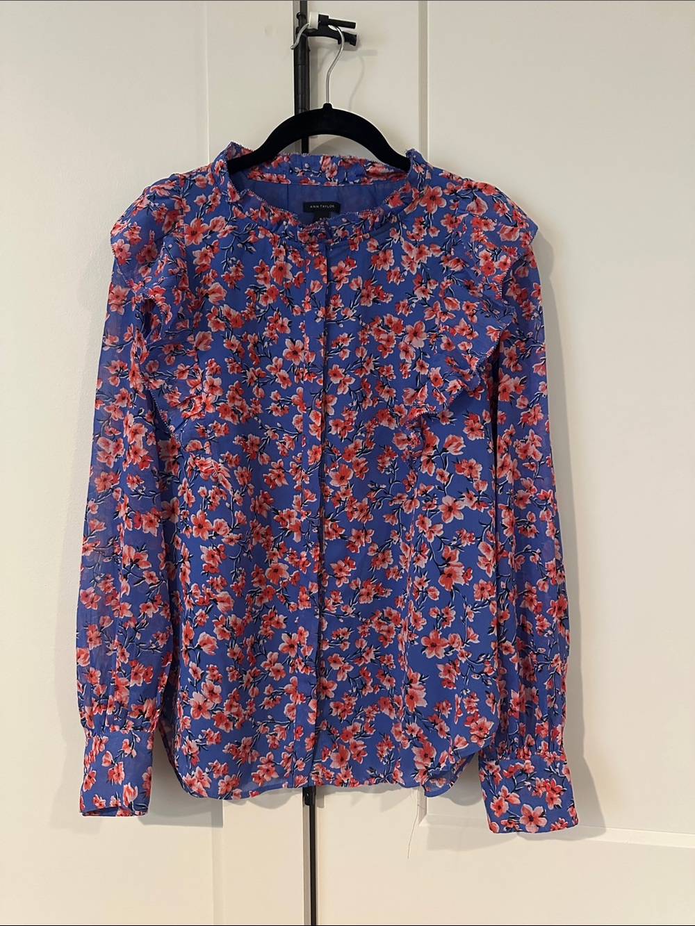 Ann Taylor Blue Floral Ruffle-Neck Blouse with Pink Flowers